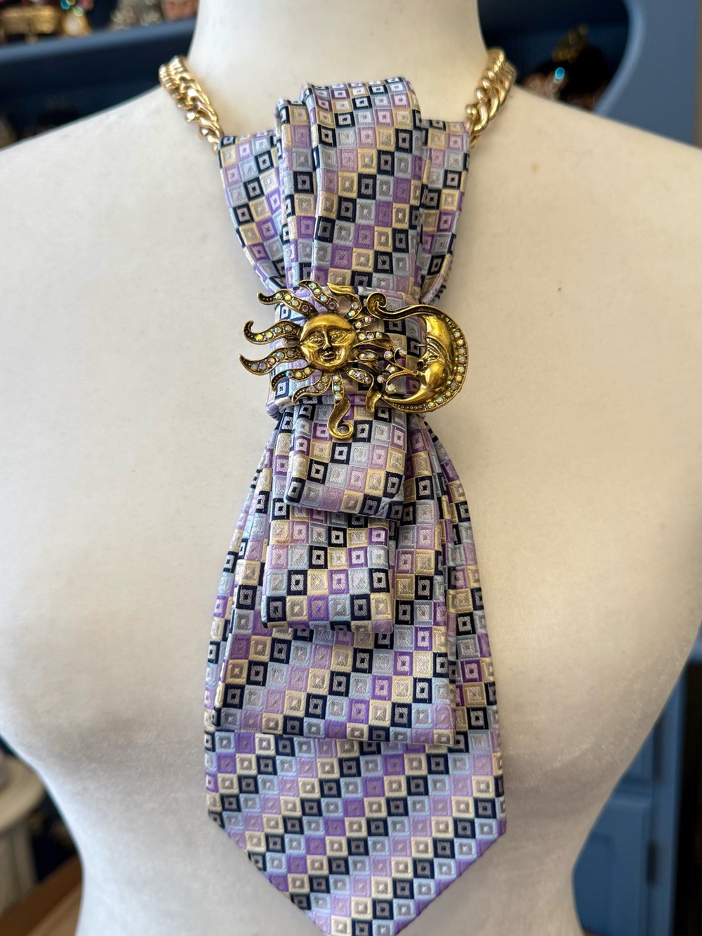 Stunning! Gold Sun & Moon Brooch Necklace Tie Jewelry